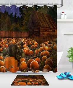 Cute Cat with Pumpkins and an Autumn Farm Field Shower Curtain for Your Bathroom Decor