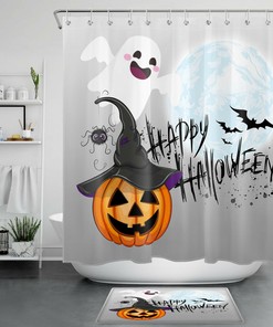 Cute Ghost Pumpkin Witch Spider Halloween Shower Curtain for Bathroom Decor