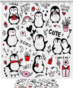 Cute Hand-Drawn Penguins Shower Curtain - Waterproof and Durable Material