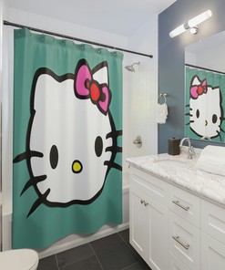 Cute Hello Kitty Inspired Shower Curtain, Whimsical Bathroom Decor