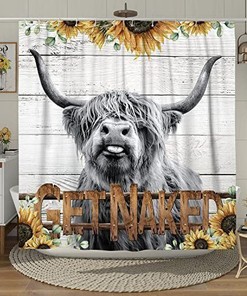 Cute Highland Cow Shower Curtain with Sunflower Design - Western Bathroom Decor