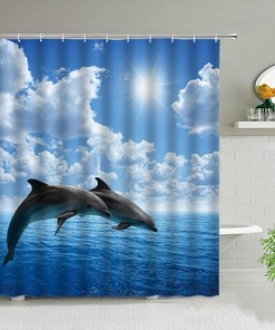 Cute Ocean Animal Blue Seawater Wave Shower Curtain, Funny Dolphin Bathroom Decor