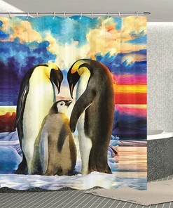 Cute Penguin Family Shower Curtain Set with Antarctic Iceberg Design for Bathroom Decor - Fuortia