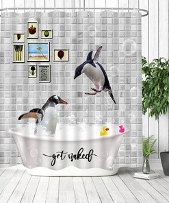 Cute Penguin Shower Curtain with Bathtub and Brick Background for Antarctic Bathroom