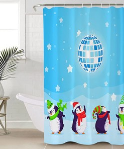 Cute Penguin Snowing Blue Waterproof Fabric Christmas Shower Curtain for Home Hotel Bath Decor