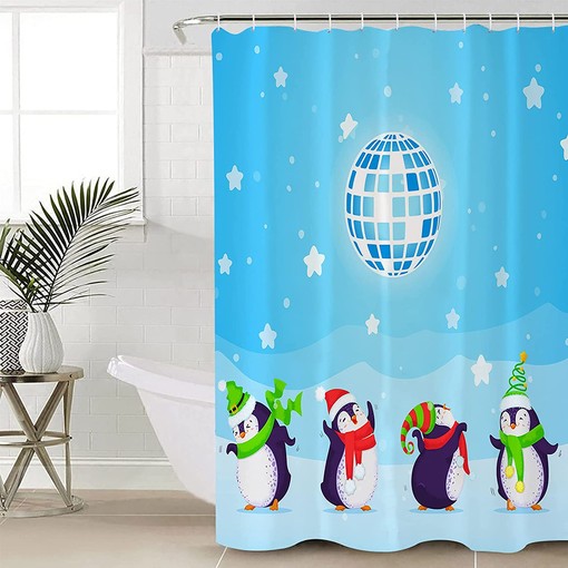 Cute Penguin Snowing Blue Waterproof Fabric Christmas Shower Curtain for Home Hotel Bath Decor