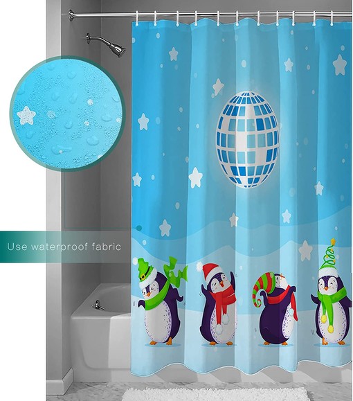 Cute Penguin Snowing Blue Waterproof Fabric Christmas Shower Curtain for Home Hotel Bath Decor - Image 3