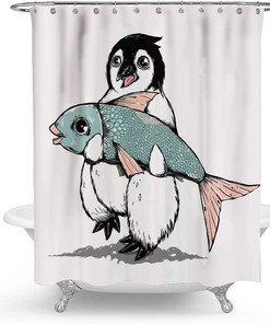 Cute Penguin with Big Fish Shower Curtain - Funny Bird Ocean Life Bathroom Decor