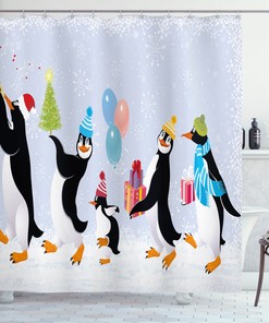 Cute Penguins in Caps Christmas Shower Curtain for Bathroom Decor with Bathroom Curtain