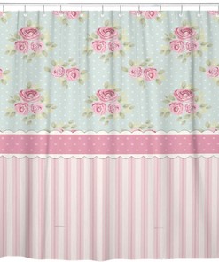 Cute Shabby Chic Roses and Polka Dots Pink Home Bathroom Decor Fabric Waterproof Shower Curtain