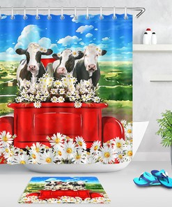 Daisy Flower Cow Farm Waterproof Shower Curtain Bathroom Decor