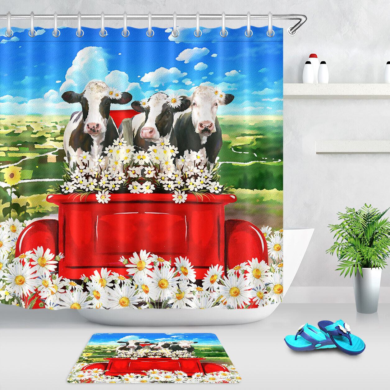 Daisy Flower Cow Farm Waterproof Shower Curtain Bathroom Decor