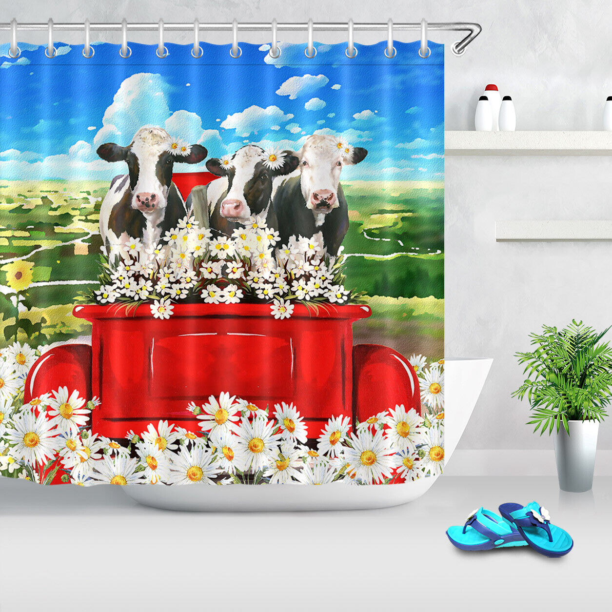 Daisy Flower Cow Farm Waterproof Shower Curtain Bathroom Decor - Image 2