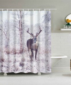 Deer Elk Grassland Forest Animal Print Shower Curtain for an Outdoor Bathroom