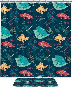 Doodle Frog Fish Dragonfly Blue Shower Curtain - A Perfect Waterproof Fabric Bathroom Curtain for Your Bathroom Decor