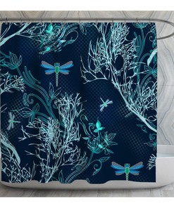 Dragonflies and Branches Shower Curtain, Blue and Green Color Scheme, Insect Shower Curtain