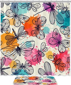 Dragonflies and Butterflies Mat Shower Curtain - Whimsical Bathroom Decor