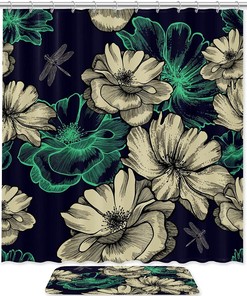 Dragonflies and Flowers Waterproof Bath Curtain for Bathroom