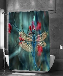Dragonfly Floral Shower Curtain, Blue and Red Design, Garden Background Insect Decor