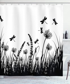 Dragonfly Meadow Silhouette Nature Shower Curtain Black White Bathroom Decor
