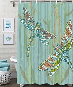 Dragonfly Shower Curtain - Floral Sketch Doodle Bath Curtain for Vintage Bathroom Decor