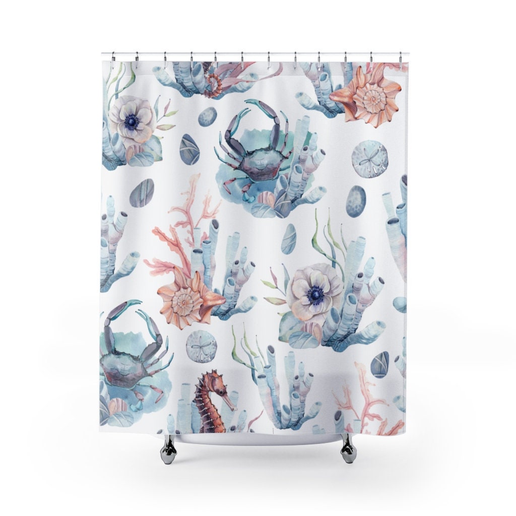 Elegant Marine Life Decor with Blue Crabs and Seahorse Shower Curtain