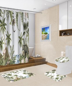 Elephant and Monkey Waterproof Shower Curtain Set with Coconut Tree Print