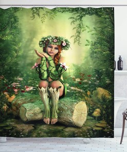 Enchanted Forest Shower Curtain, Computer Art Elf Girl Sitting on Tree Stump, Bathroom Decor