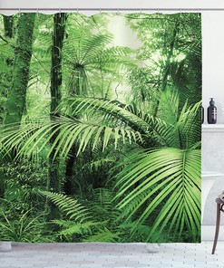 Exotic Tropical Jungle Rainforest Shower Curtain with Palm Trees and Plants Print Bathroom Decor