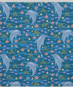 Fabric Bath Curtain with Funny Dolphins, for Hotel Bathroom Decoration