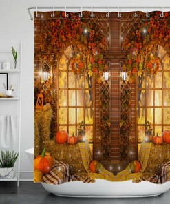 Fall Barn Shower Curtain Set with Pumpkin for Farmhouse Bathroom Decor