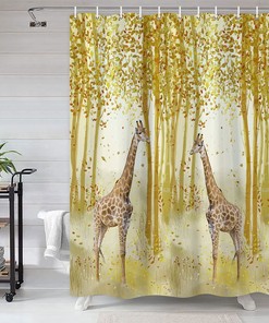 Fall Birch Tree Forest Giraffe Shower Curtain for Wildlife-themed Bathroom Decor