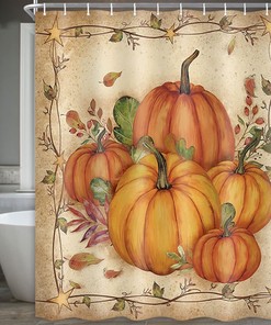 Fall Harvest Halloween Thanksgiving Shower Curtain, Pumpkin Print Bathroom Decor Fabric Set