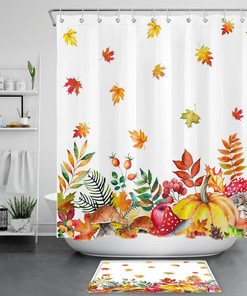 Fall Harvest Shower Curtain with Maple Leaves, Mushrooms, and Pumpkins for Your Bathroom