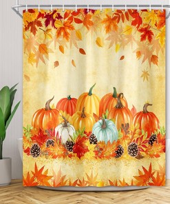 Fall Shower Curtain - Pine Nuts Maple Leaf Leaves Pumpkin Shower Curtain, Farmhouse Bathroom Decor