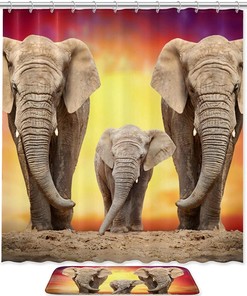Family Elephant Waterproof Shower Curtain for African Safari Bathroom Decor