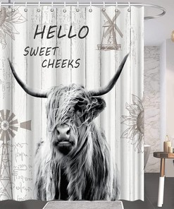 Farm Animal Wooden Fabric Shower Curtain - Highland Cow Bath Curtain with Home Decor and Bathroom Decor