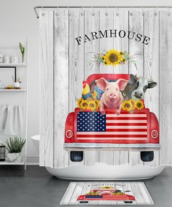 Farm Animals Shower Curtain with Cow, Pig, Sheep and Horse - Rustic Bathroom Decor