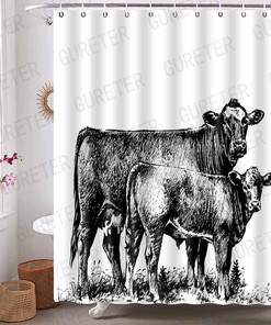 Farmhouse Animal Painting Shower Curtain with Cow Print for Bathroom Decor