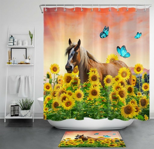 Farmhouse Funny Horse and Sunflower Butterfly Shower Curtain Set - Bathroom Curtain