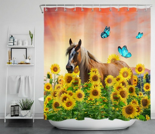 Farmhouse Funny Horse and Sunflower Butterfly Shower Curtain Set - Bathroom Curtain - Image 2
