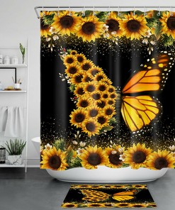 Farmhouse Sunflower Butterfly Shower Curtain for Rustic Bathroom Decor