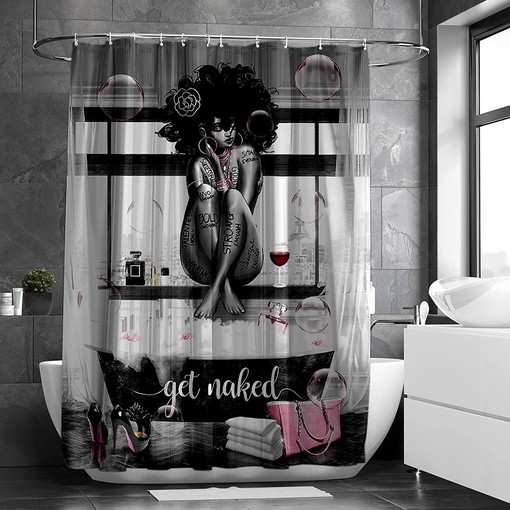 Fashionable African American Shower Curtain with Black Girl and Bathtub Design - Image 2