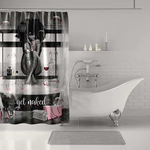 Fashionable African American Shower Curtain with Black Girl and Bathtub Design - Image 4