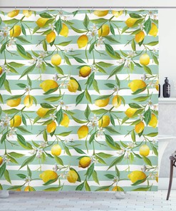 Fern Green Seafoam Nature Shower Curtain with Lemon Tree and Striped Paintbrush Background Design for a Fresh Bathroom Decor