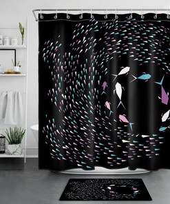 Fish Ocean Geometric Pattern Shower Curtain for Nautical Bathroom Decor
