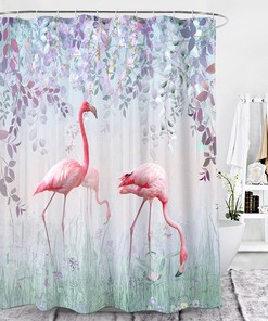 Flamingo Flower Leaves Shower Curtain Bathroom Decor