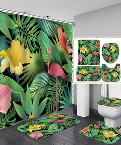 Flamingo Flower Palm Leaves Shower Curtain - Art for Tropical Bathroom Decor