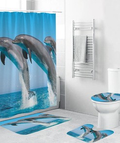 Flamingo Leaves Flower Toilet Lid Cover with Shower Curtain - Fun Bathroom Accessories