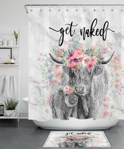 Flower Marble Funny Get Naked Shower Curtain, Highland Cow Farm Bathroom Decor